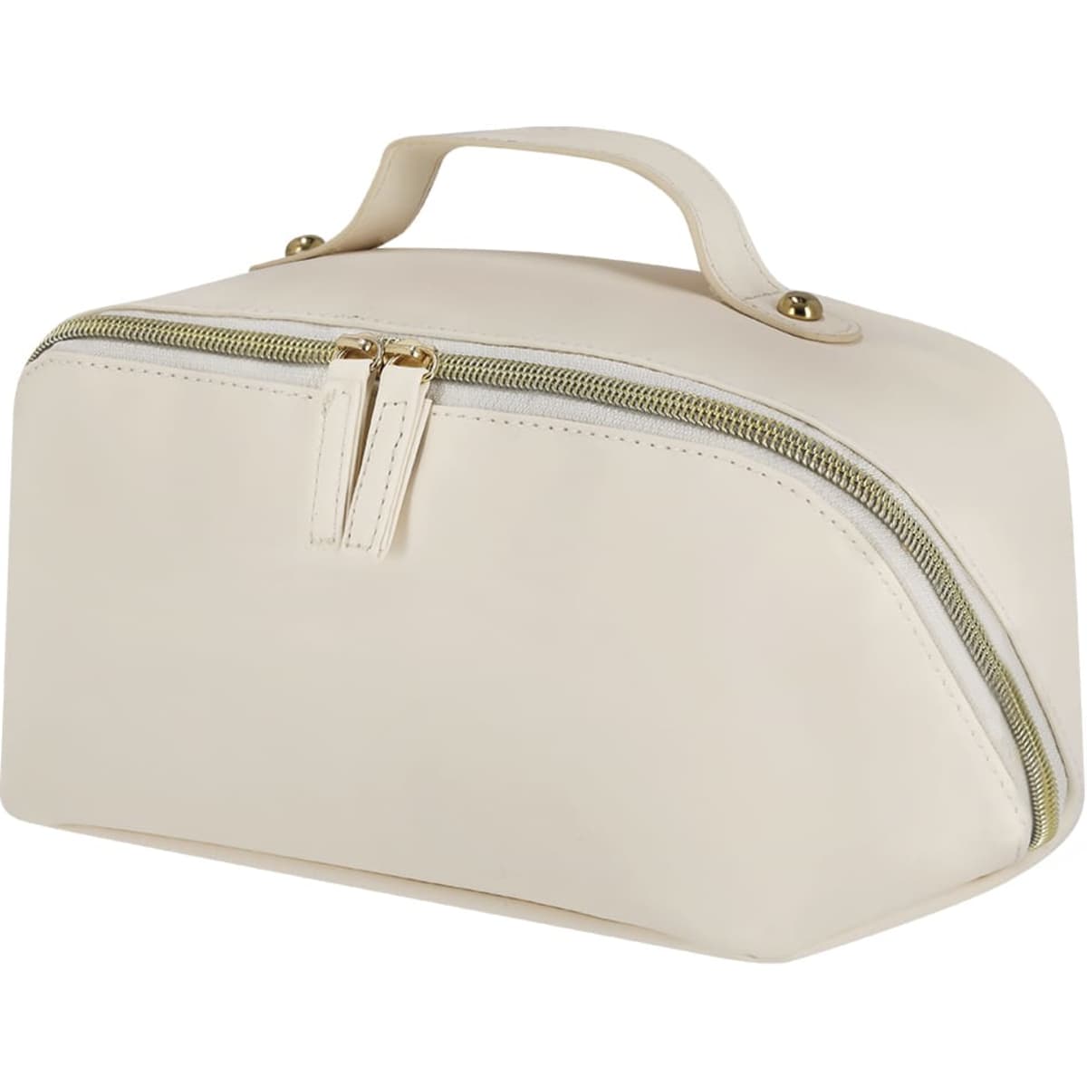 A beige toiletry bag with a zip closure and a handle, featuring a gold zipper and a structured design.