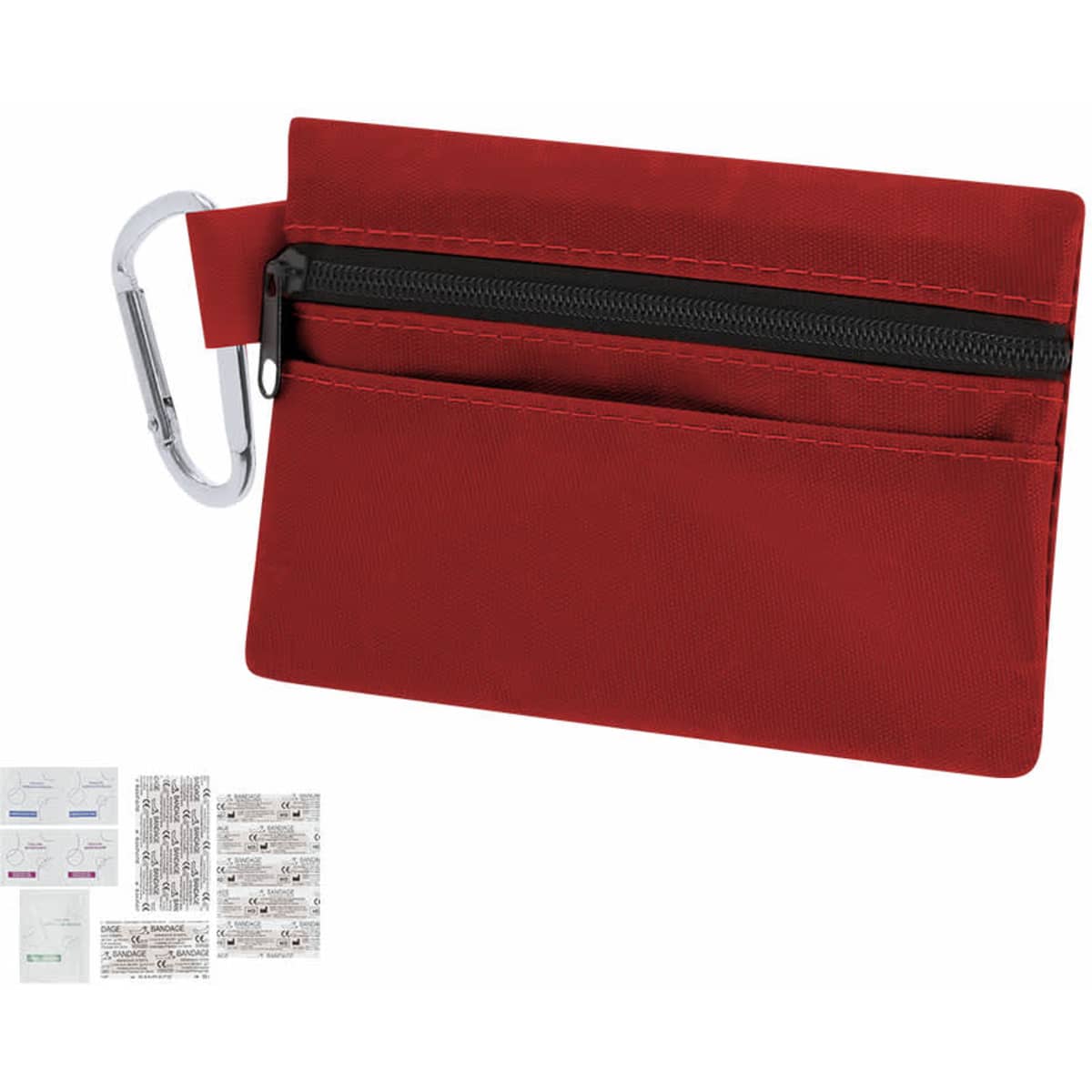 A red first aid kit with a zippered pocket, featuring various medical supplies and a carabiner attachment.