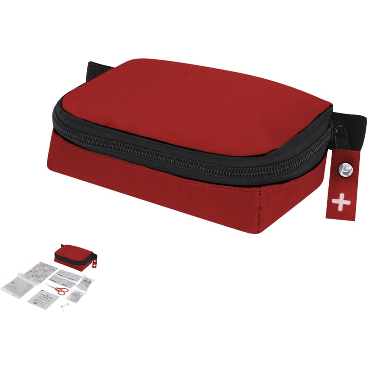 A red first aid kit with a zip closure, featuring a black trim and various contents displayed beside it.