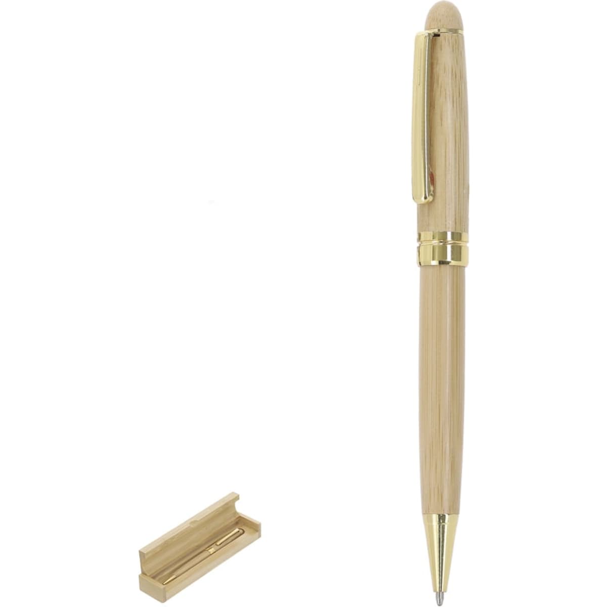 A wooden pen in a light bamboo finish, featuring gold detailing and a matching pen holder.