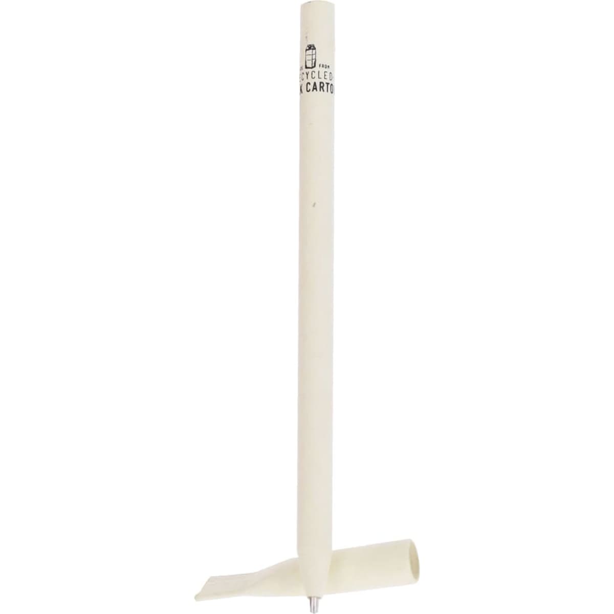 A pen in a cream colour with a unique shape, featuring a branding logo. Ideal for writing and note-taking.