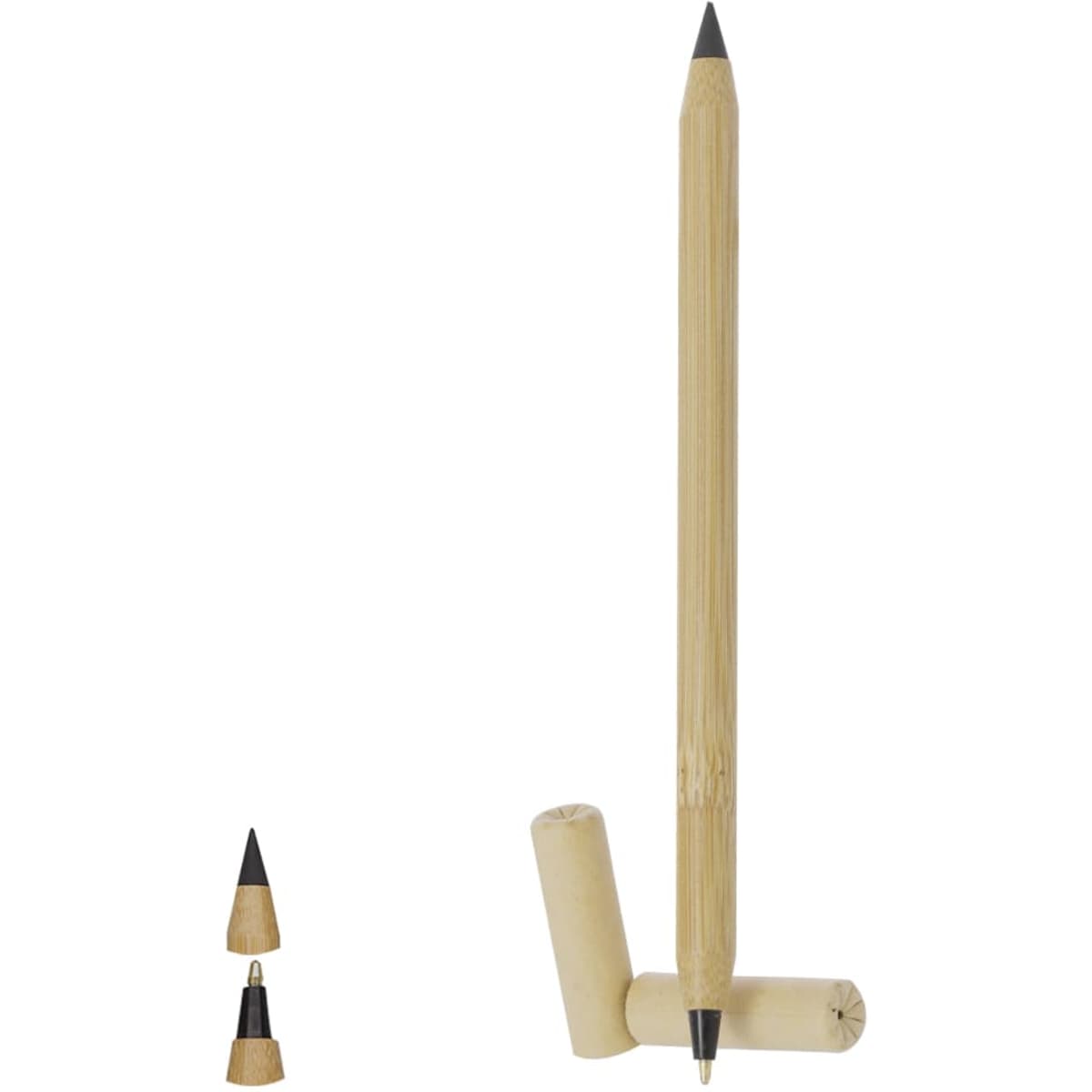 A wooden pen coloured in natural bamboo with black accents, featuring a cap and a stand.