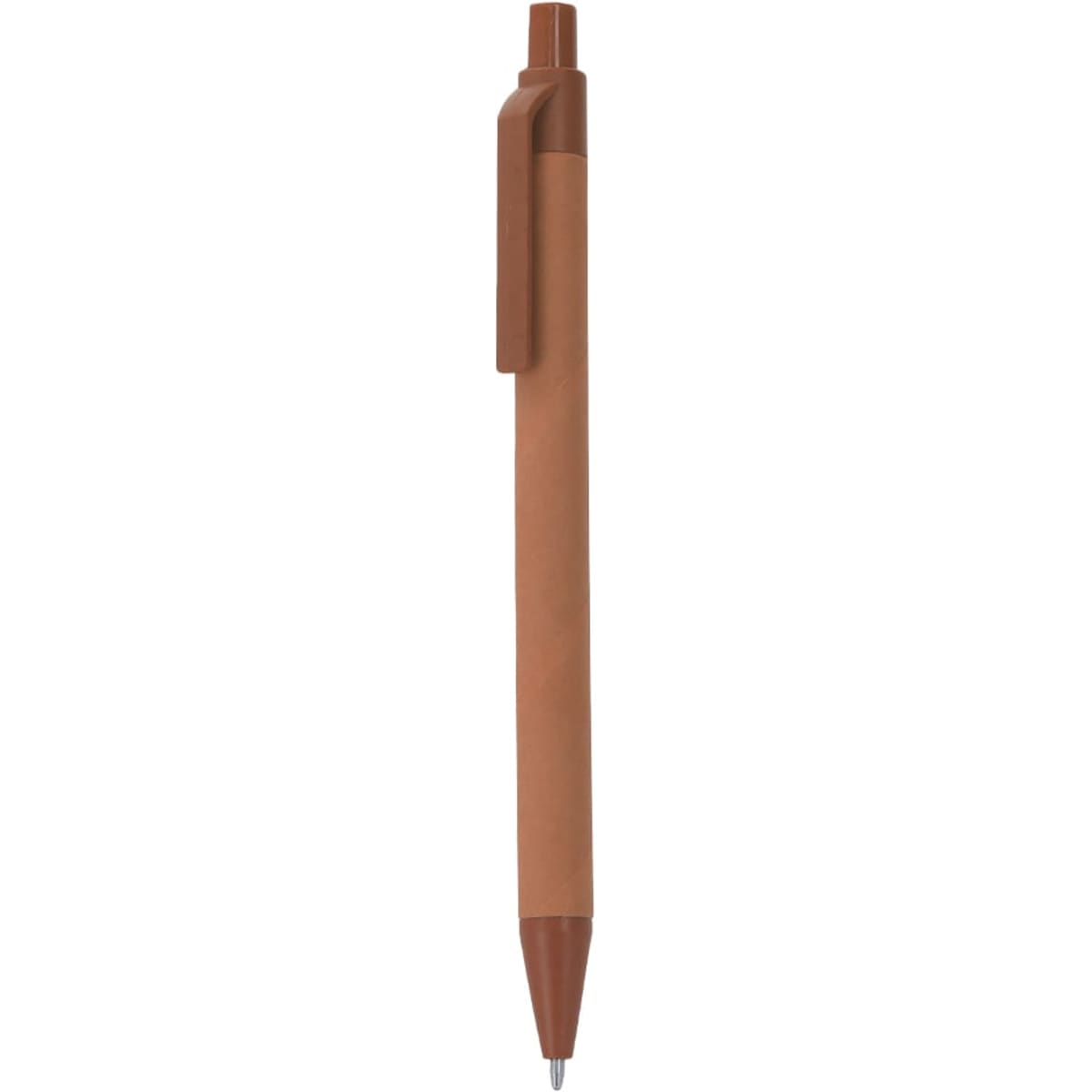 A brown pen with a clip and a rounded tip, featuring a logo on its body.