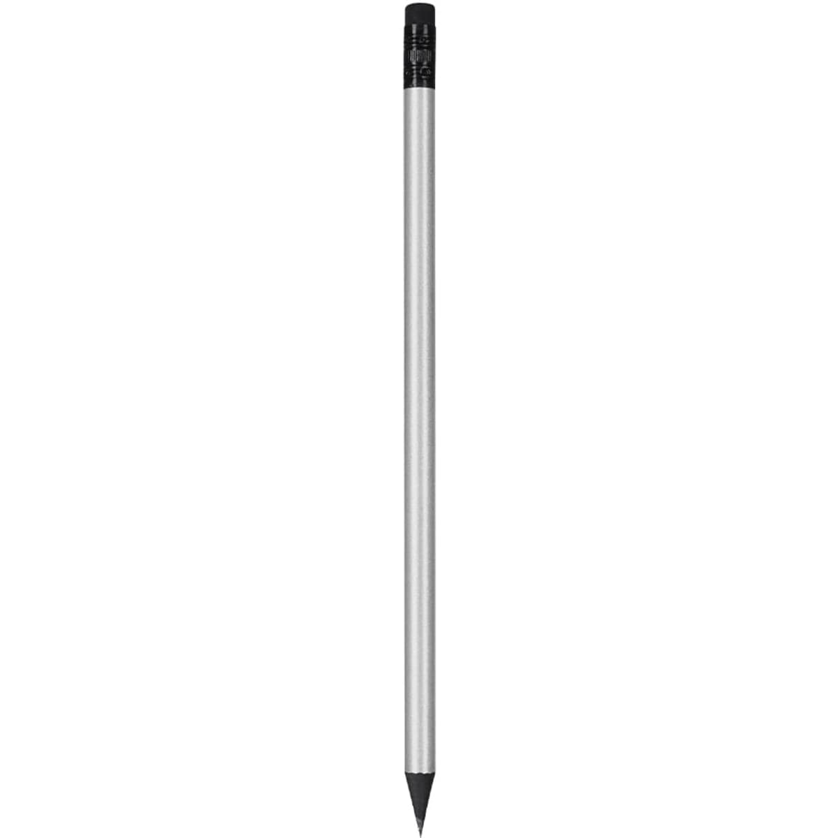 A coloured pencil with a silver barrel and a black tip, featuring a branding logo at the top.