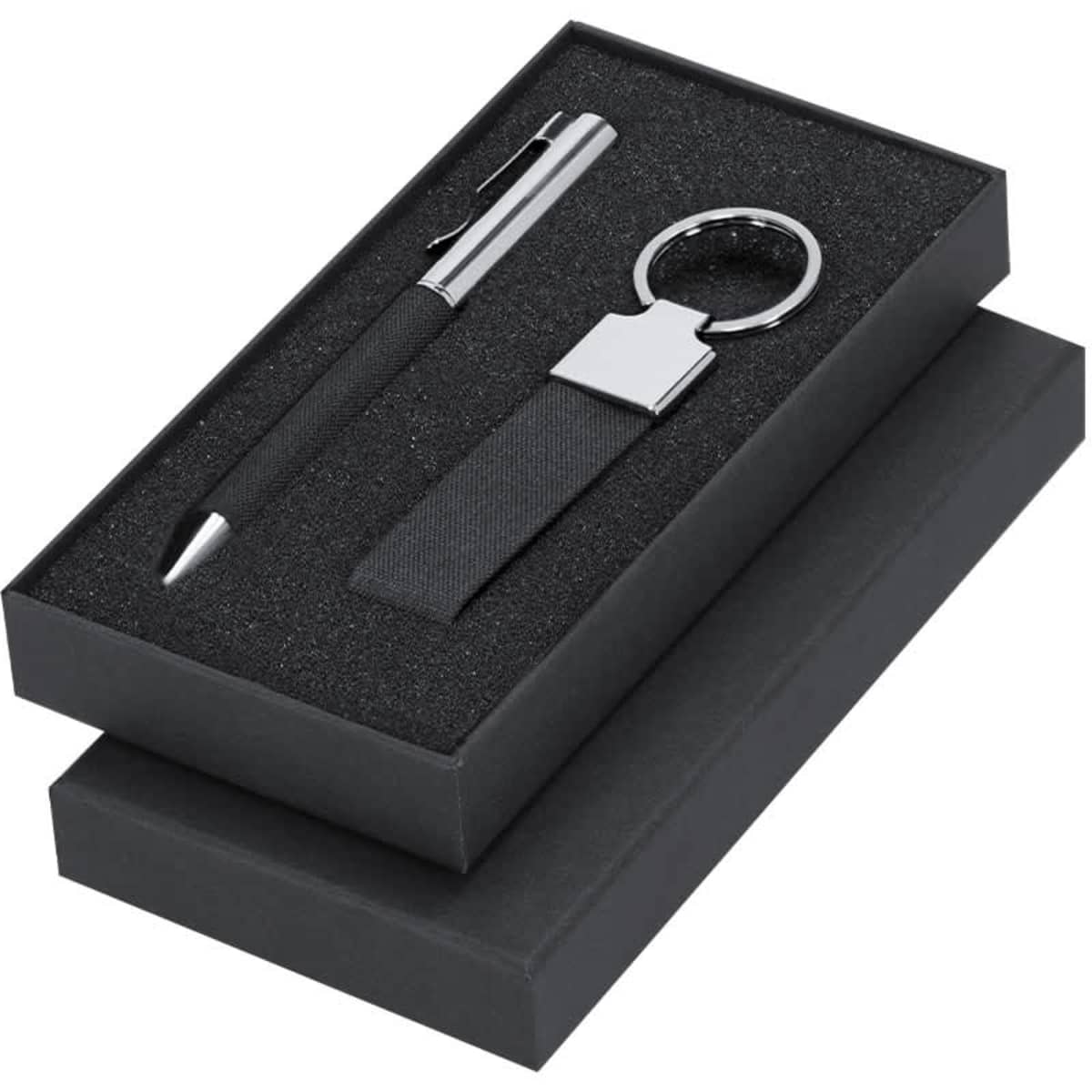 A black gift set featuring a sleek pen and a keyring, presented in a stylish black box with a soft interior.