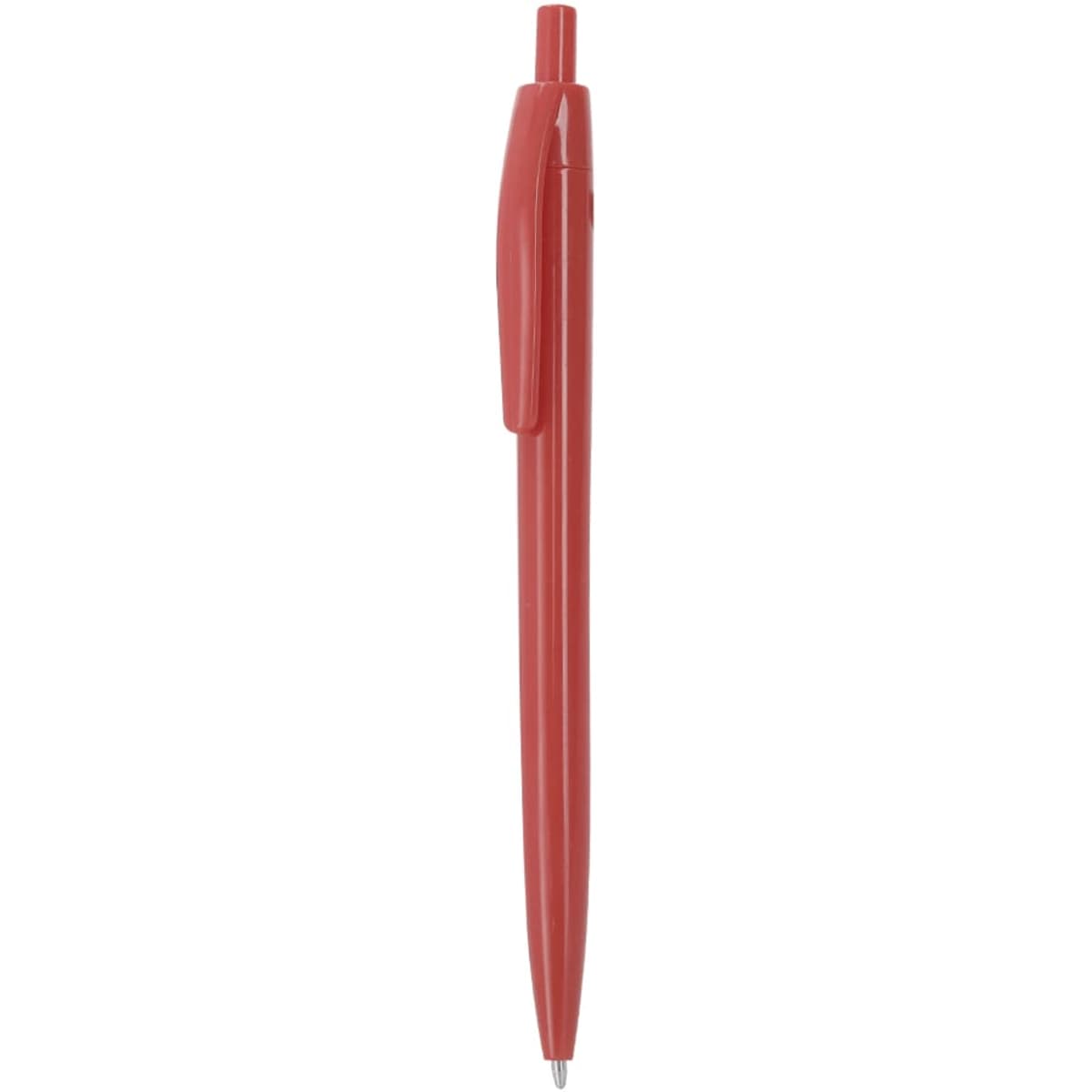 A red plastic pen with a clip and a smooth barrel design, featuring a logo.