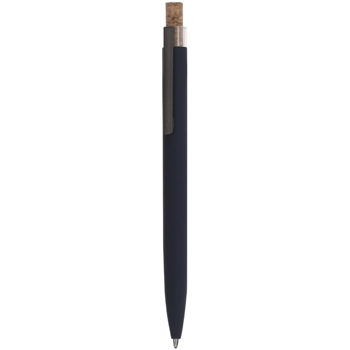 A navy blue metal pen with a cork top and a silver clip. It features a logo on the barrel.