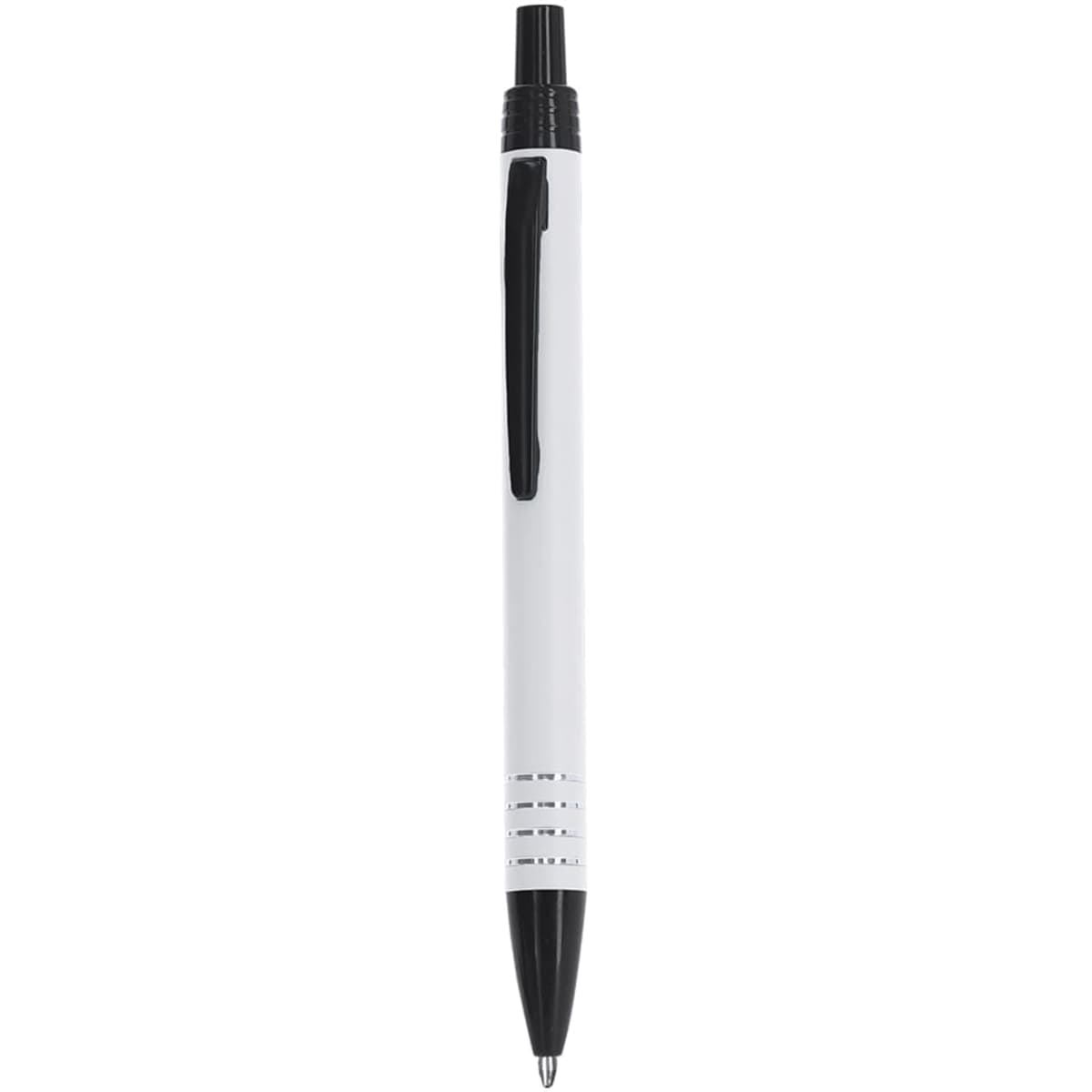 A metal pen in white with a black clip and tip, featuring a simple design and a branding logo.