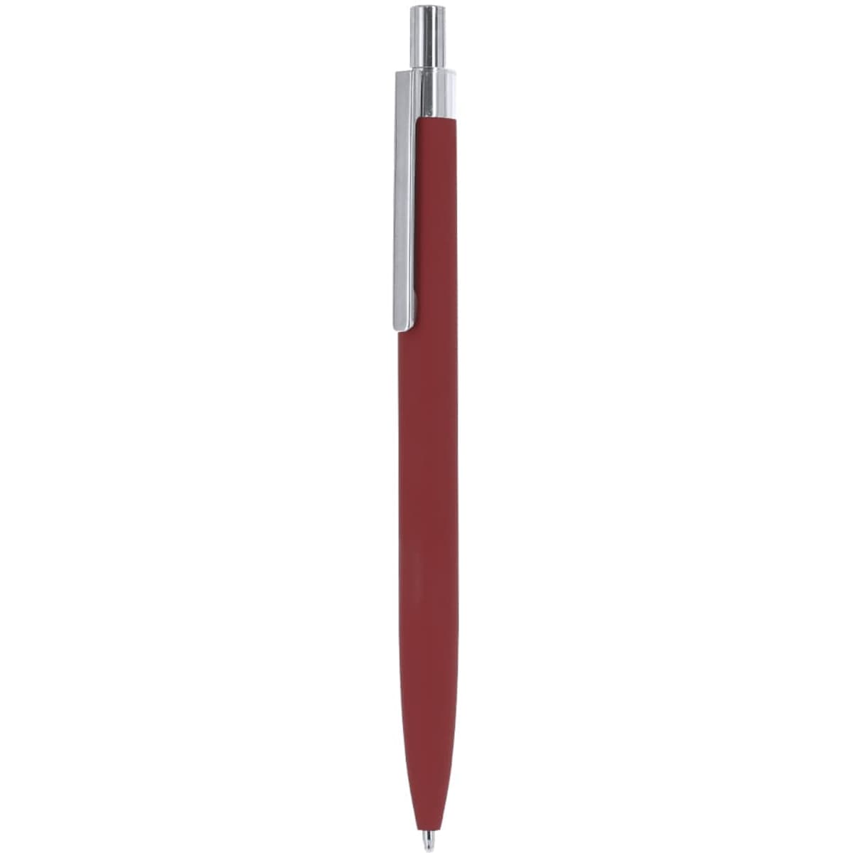 A metal pen with a red body and chrome accents, featuring a sleek design and a clip.