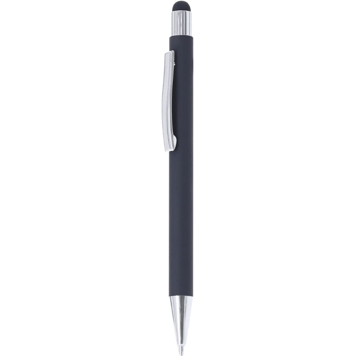A black ballpoint pen with a silver clip and a stylus tip, featuring a sleek design and branding.