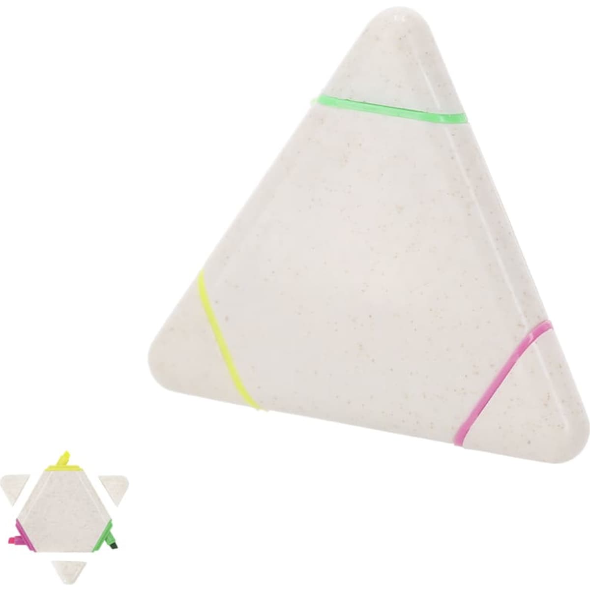A triangular highlighter in white with neon green, yellow, and pink bands. It features a logo on one side.