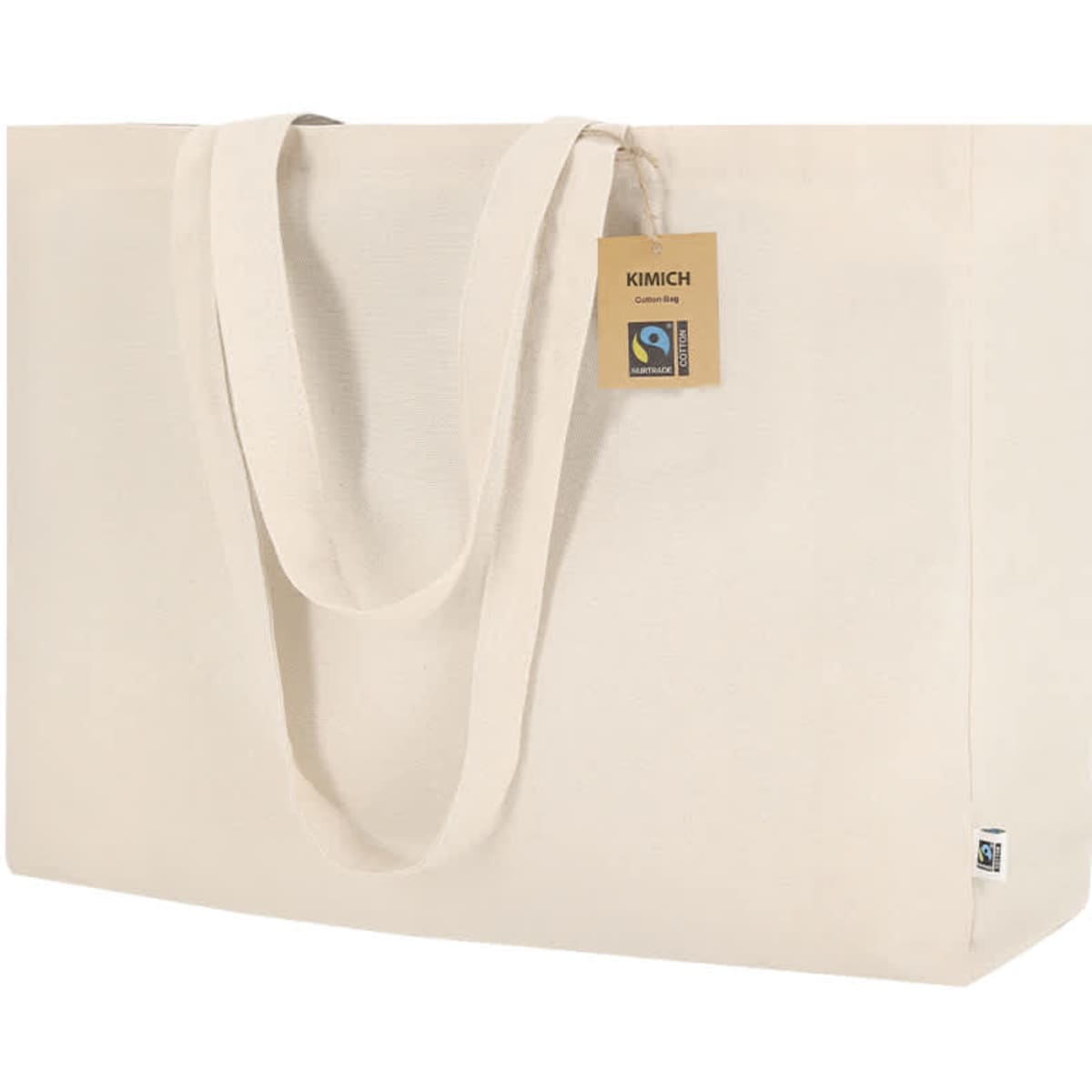 A large, cream tote bag with sturdy handles and a tag. The bag has a logo on one side.