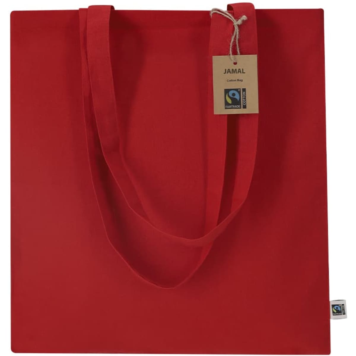 A red tote bag with long handles and a tag, featuring a logo.