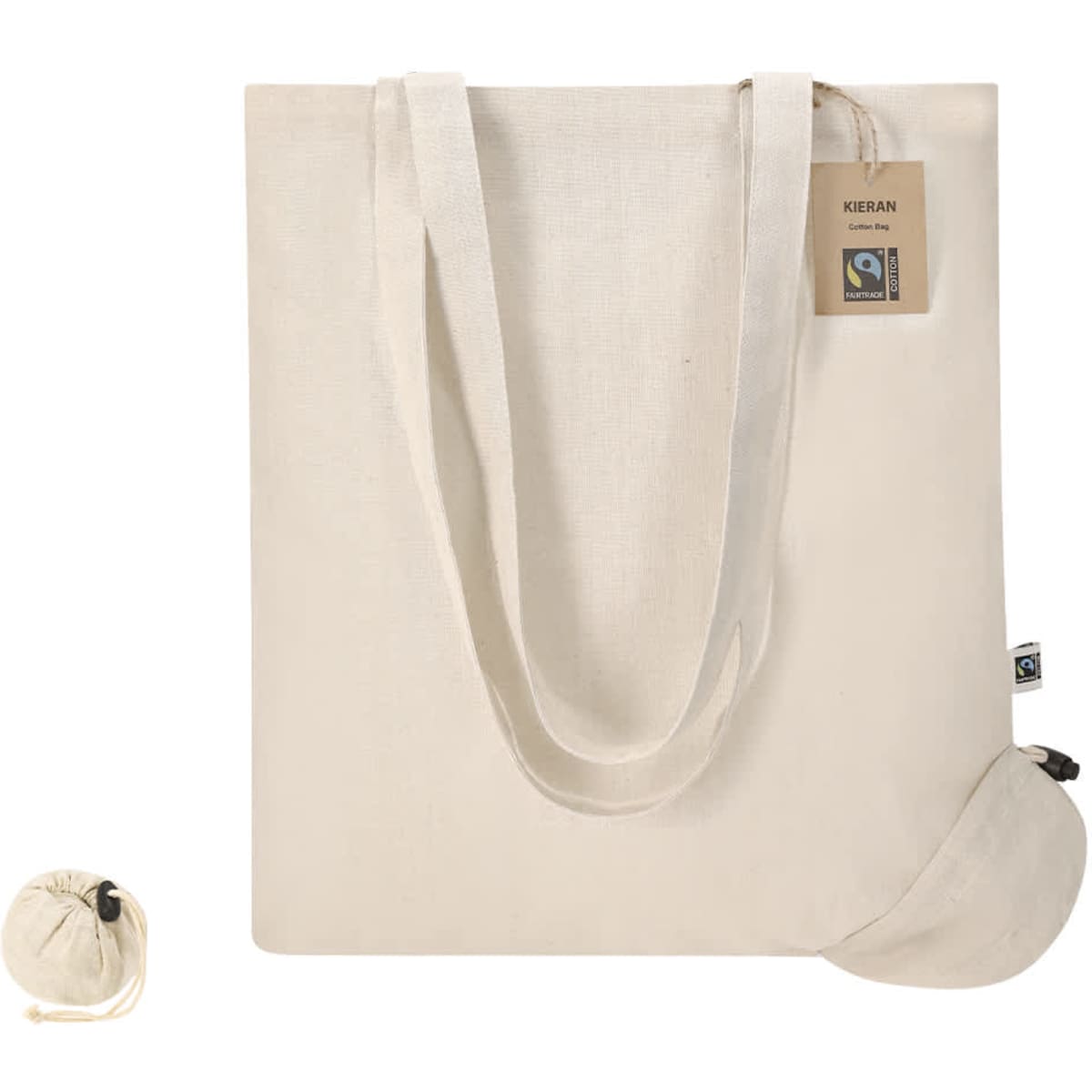 A cream-coloured foldable tote bag with long handles and a small pouch for storage. Features a logo.