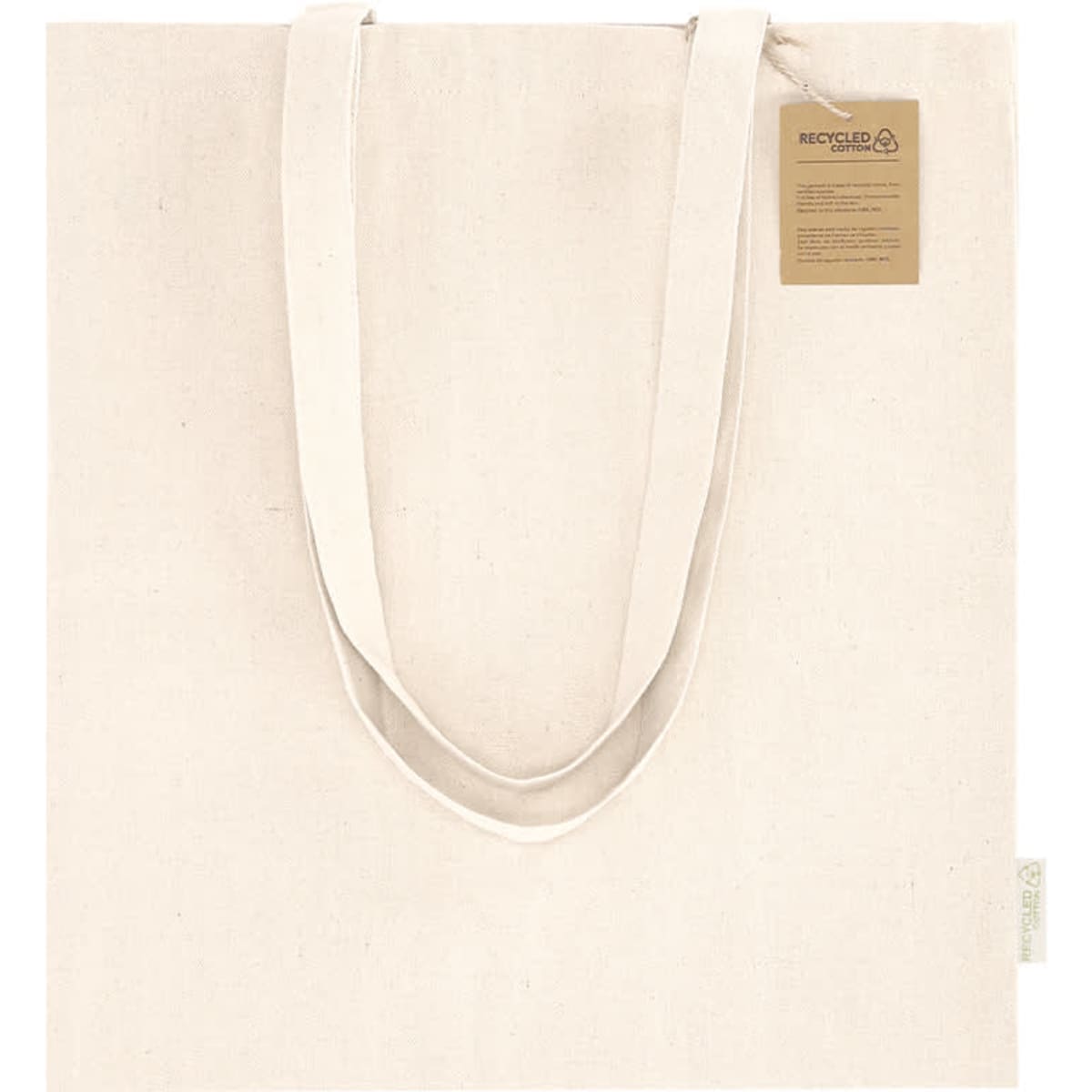 A cream-coloured tote bag with two handles and a tag, featuring a simple design and a branding logo.