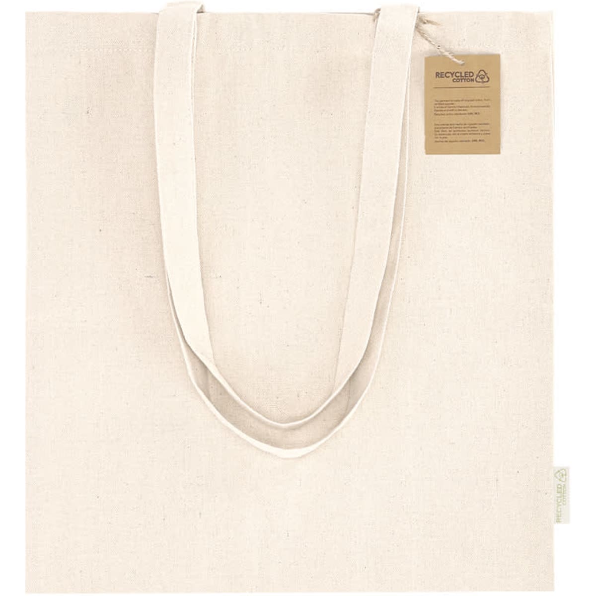 A cream-coloured tote bag with long handles and a tag, featuring a branding logo.