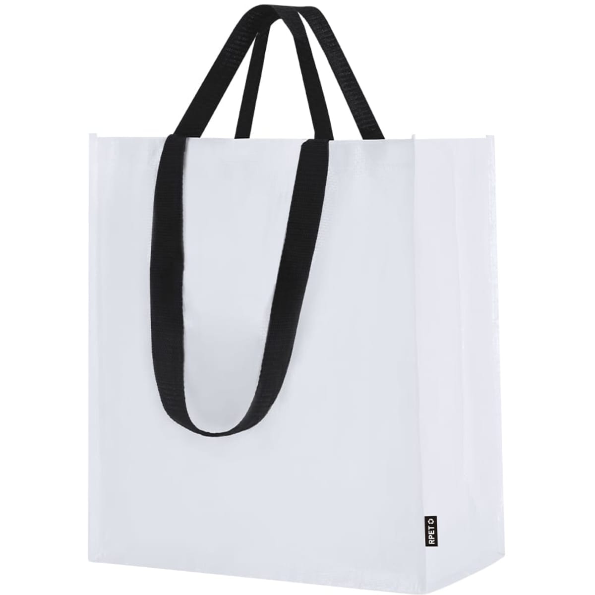 A white tote bag with black handles, featuring a logo on the side. Simple and stylish design.