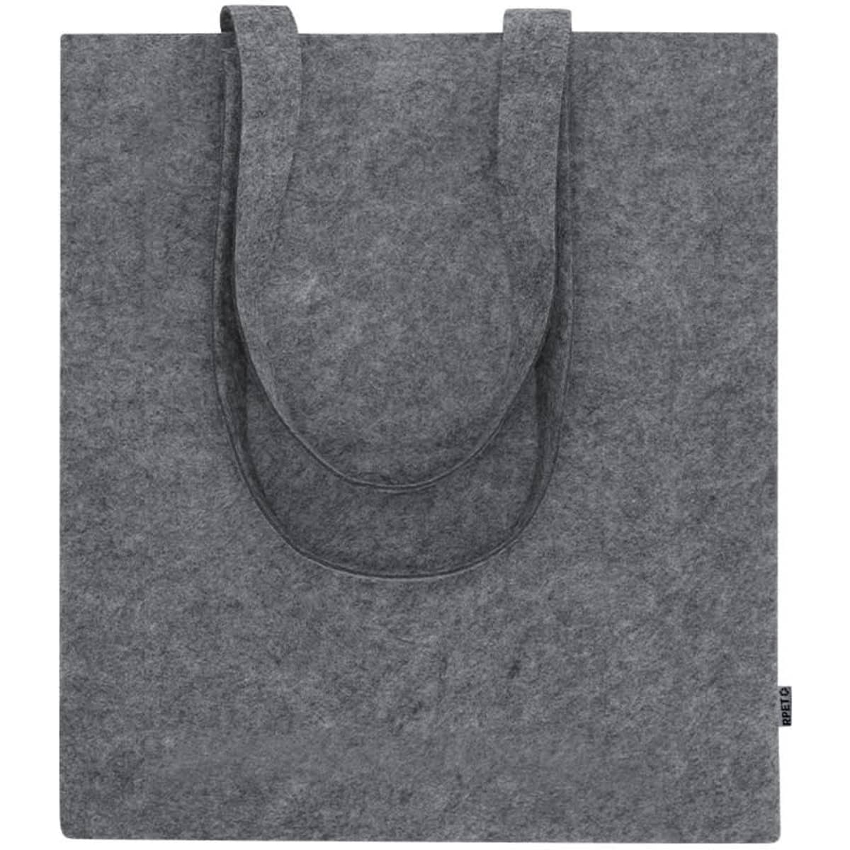 A grey felt tote bag with two sturdy handles and a simple design, featuring a logo.