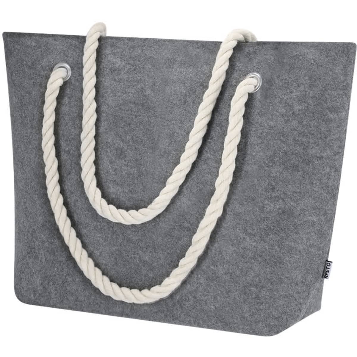 A grey tote bag with thick, cream-coloured rope handles and a simple design. It features a logo.