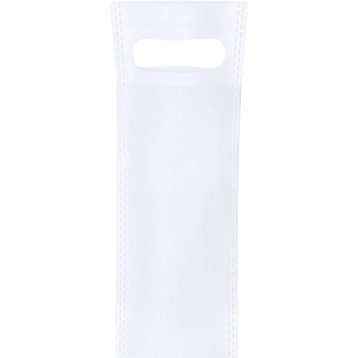 A white Wayan Bag with a handle, featuring a simple and sleek design. It has branding displayed on it.