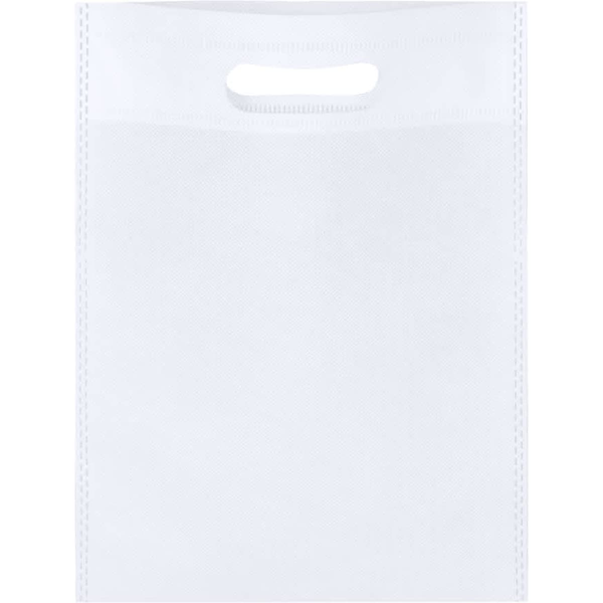 A white reusable grocery bag with a handle and a simple design. The bag features a logo.