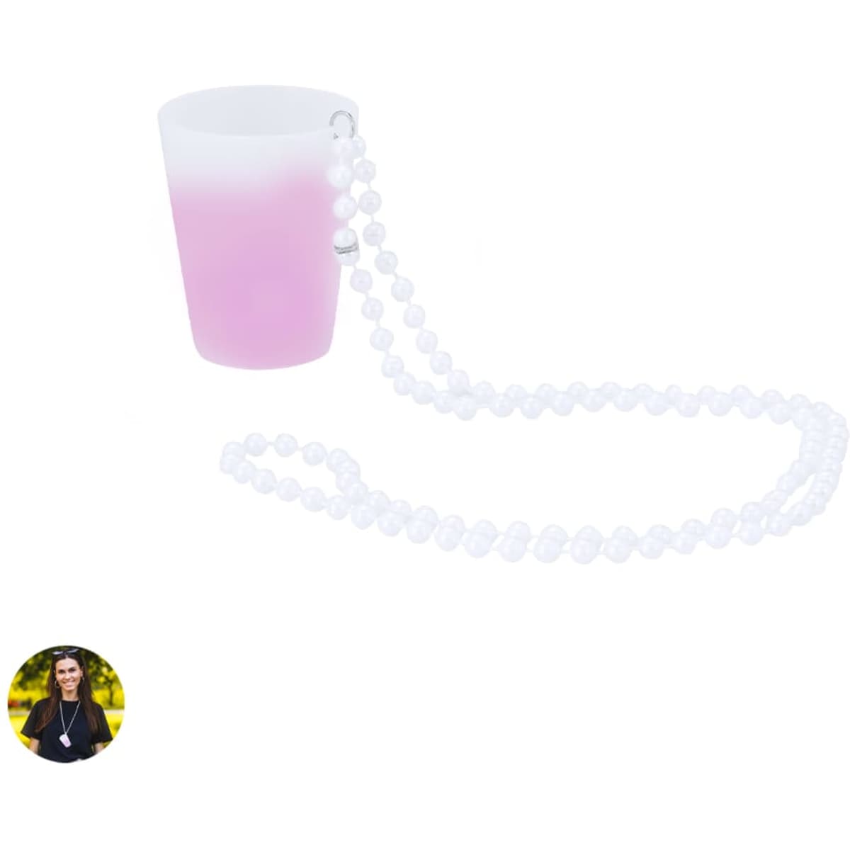 A pink shot glass with a white beaded chain, featuring a simple design. The glass has a gradient effect.