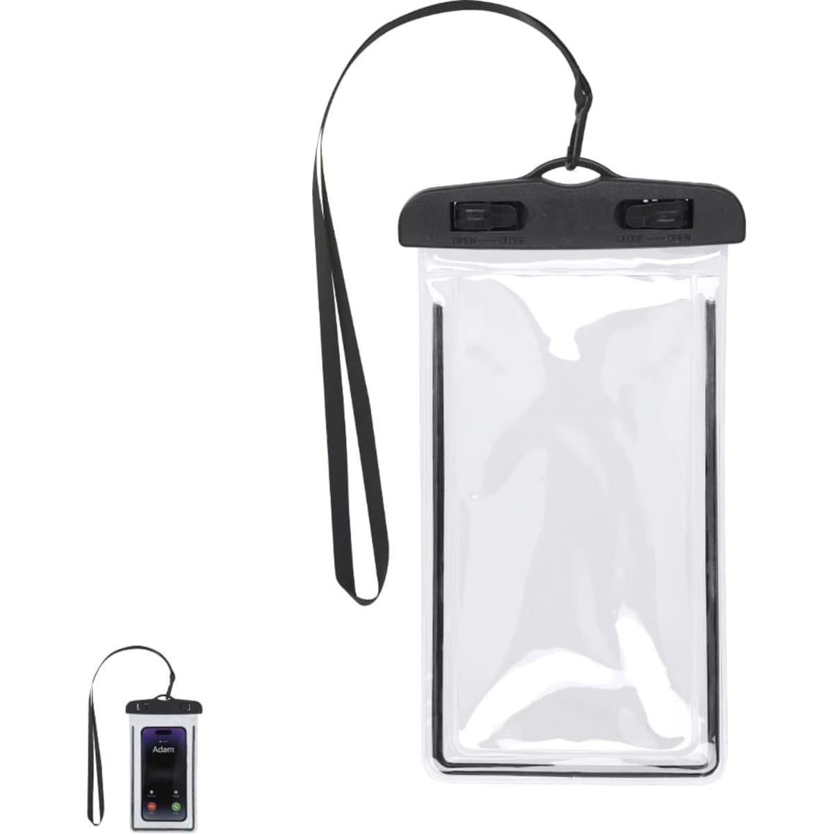 A waterproof dry bag in clear with a black trim and strap, featuring a secure seal for protection.