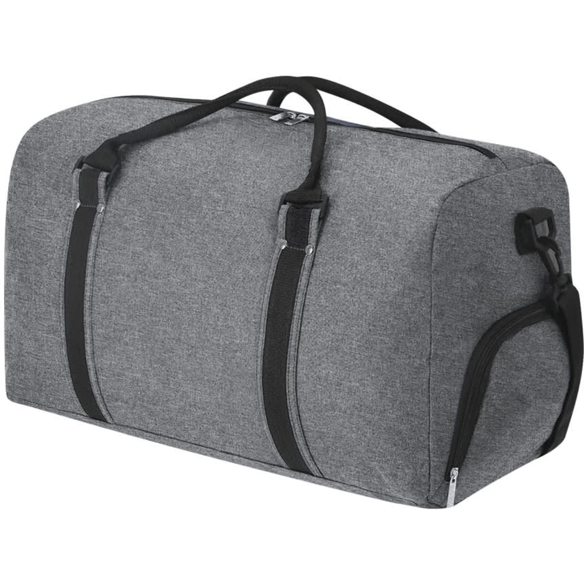 A grey duffle bag with black straps and zippers, featuring a side pocket and a logo.
