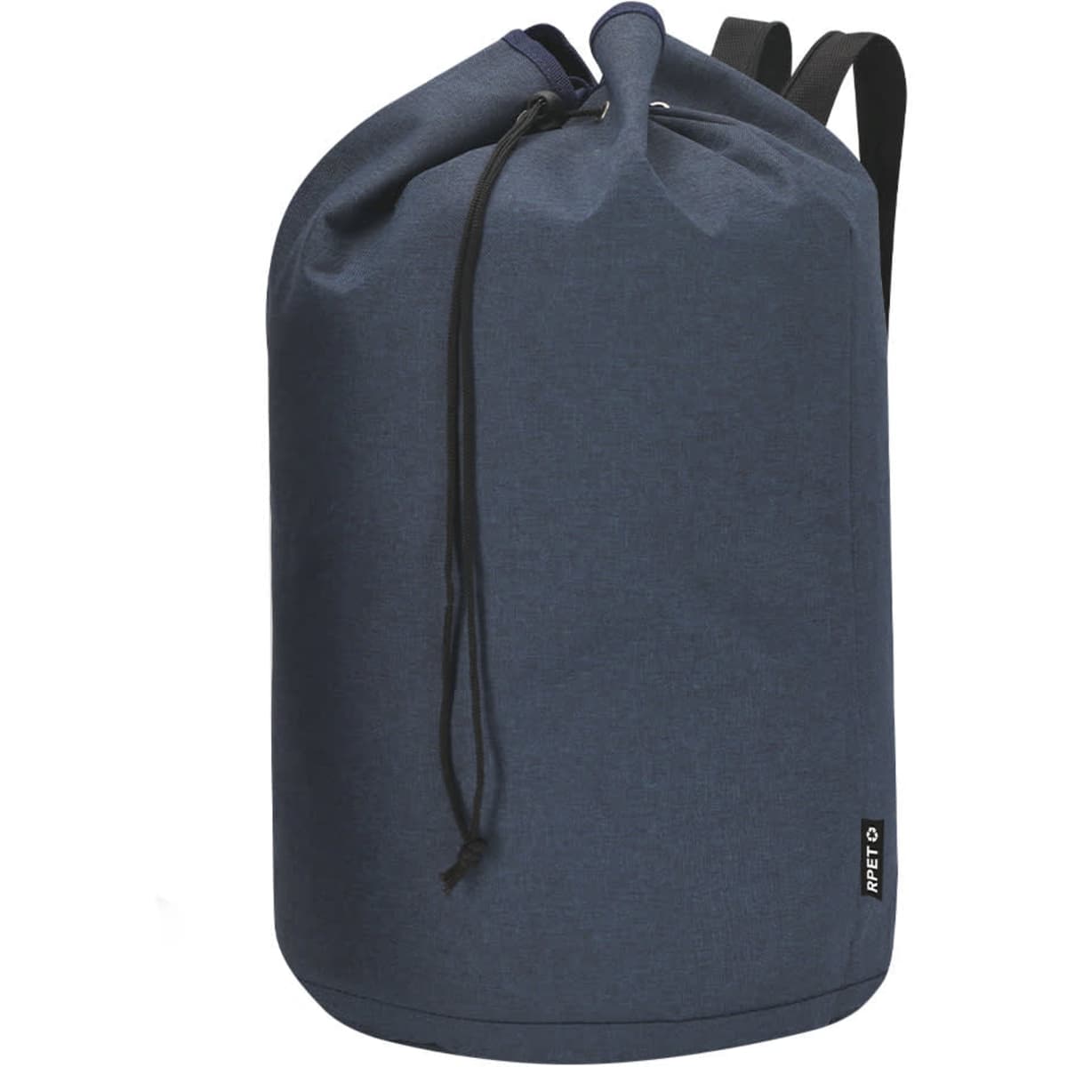 A blue duffel bag with a drawstring closure and black straps, featuring a small logo on the side.