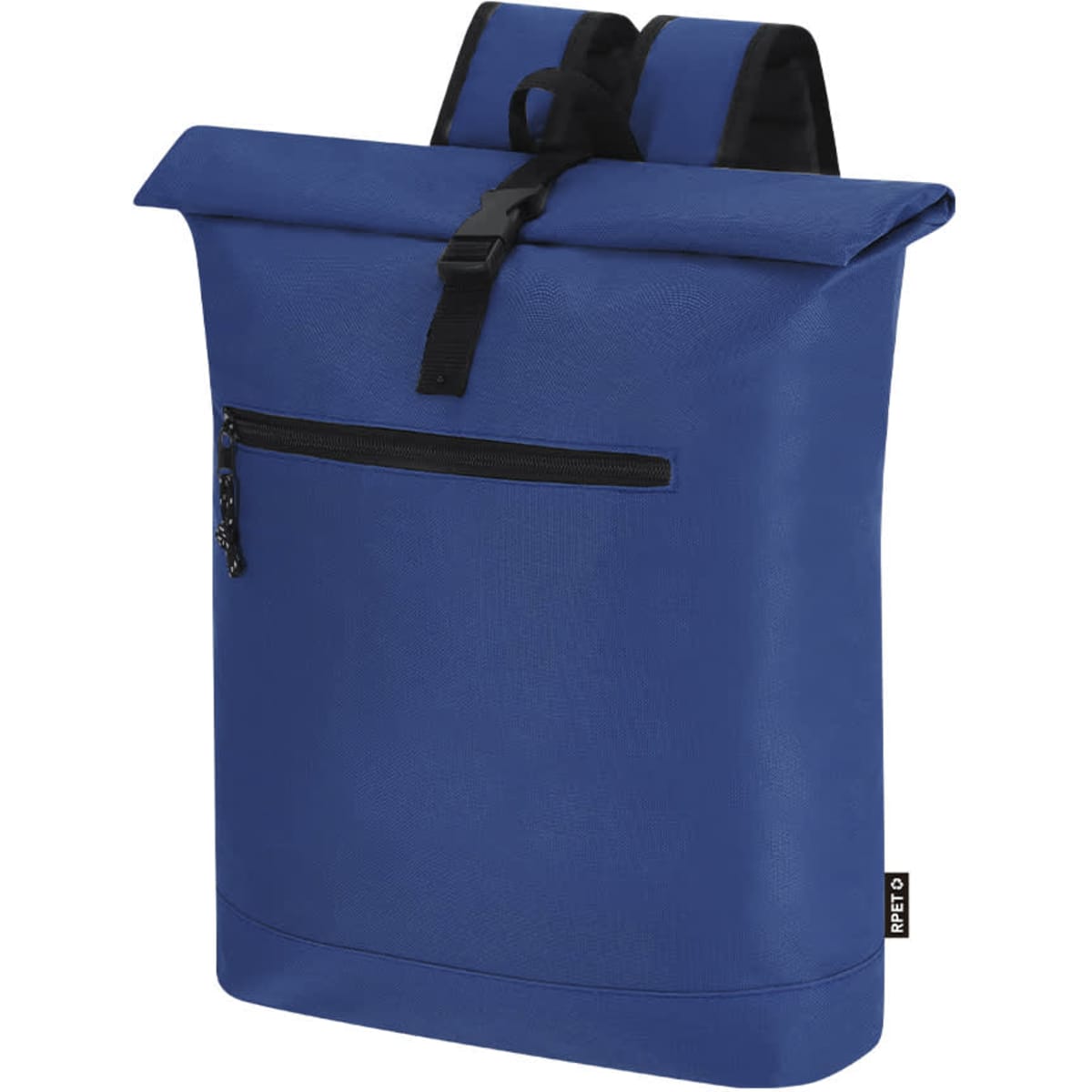 A blue Pular Backpack with a roll-top design and a front zip pocket. It features adjustable shoulder straps and a branded tag.