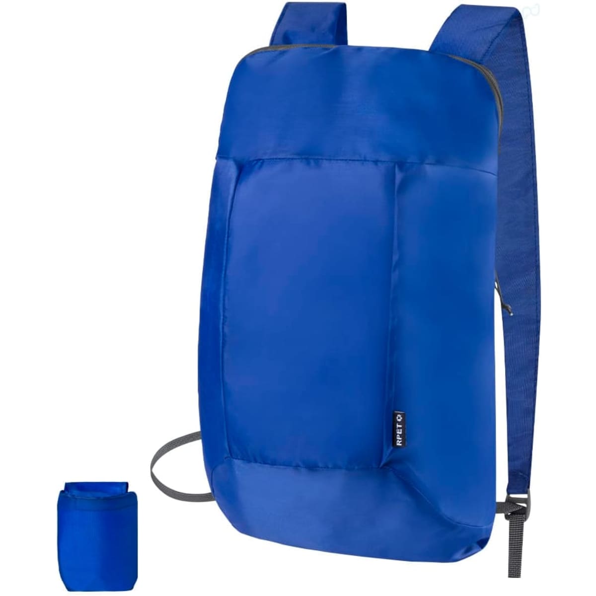 A blue foldable backpack with adjustable straps and a small storage pouch. It features a simple design and a logo.
