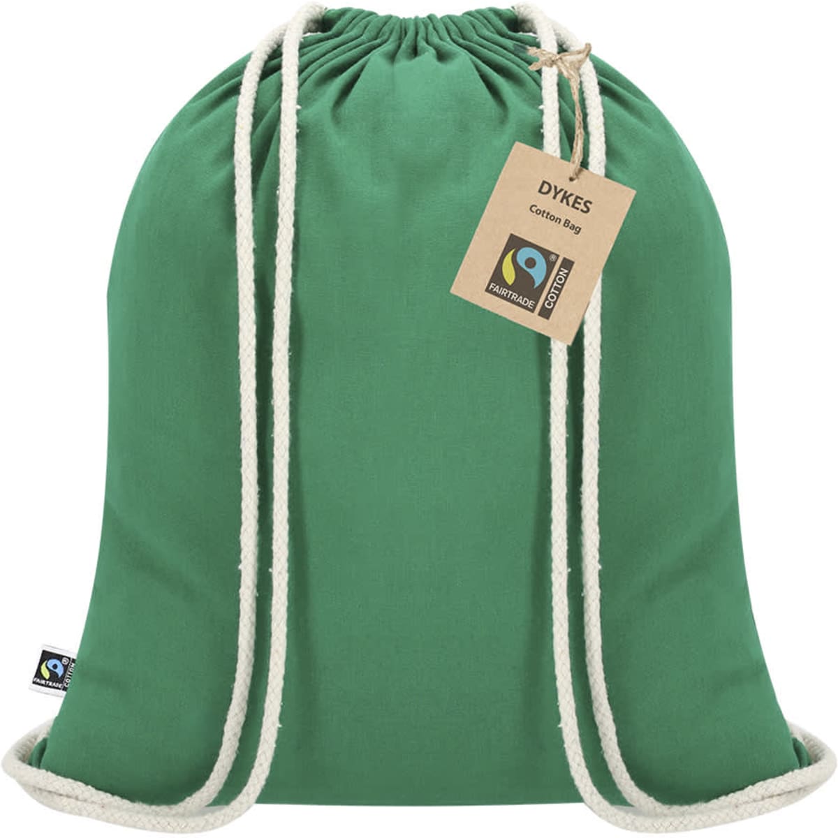 A green drawstring bag with white ropes and a tag, featuring a logo. It's made from cotton and labelled as Fairtrade.