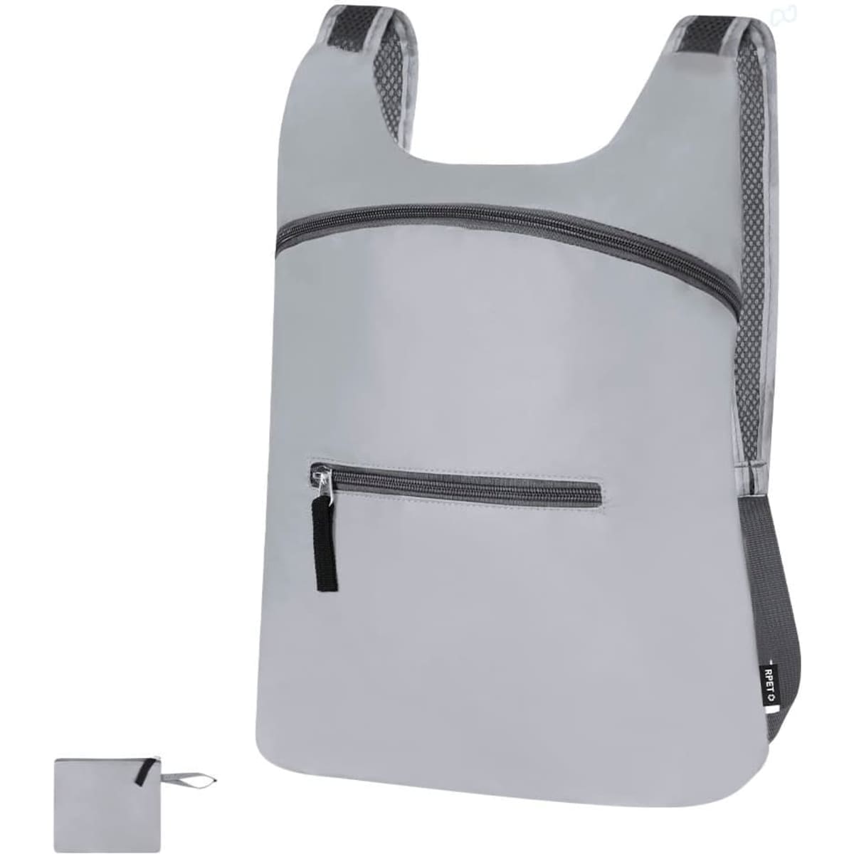 A foldable backpack in grey with a zippered front pocket and mesh straps. Includes a compact version for easy storage.