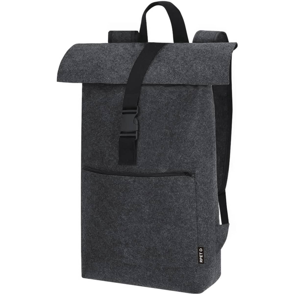 A grey backpack with a rolled top, adjustable straps, and a front zip pocket. It has a logo on the side.