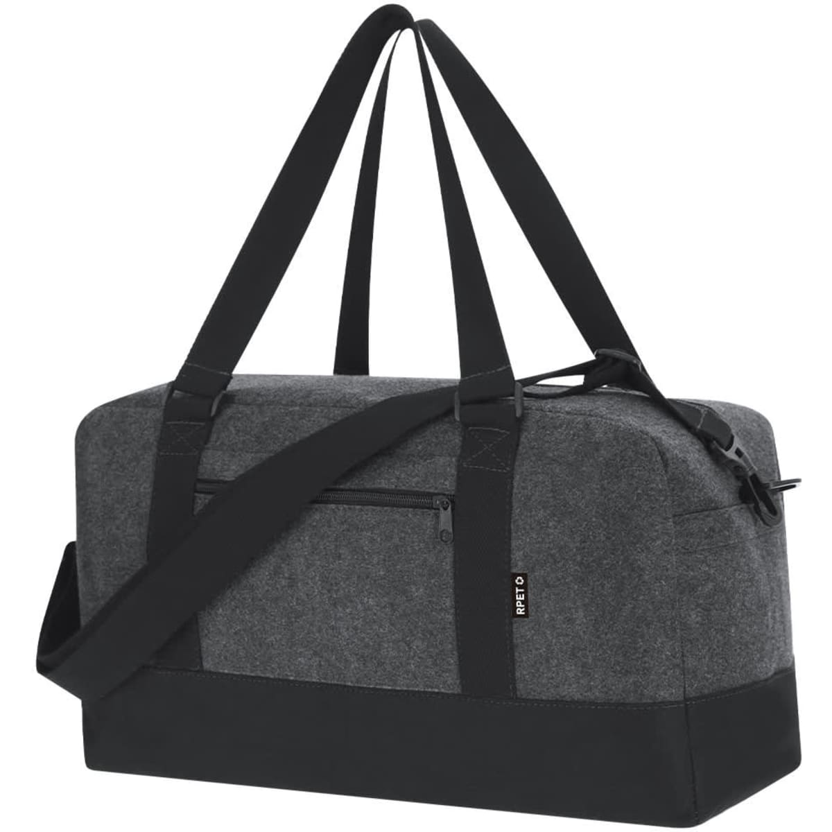 A grey duffle bag with black accents and a shoulder strap, featuring a logo and multiple carrying options.