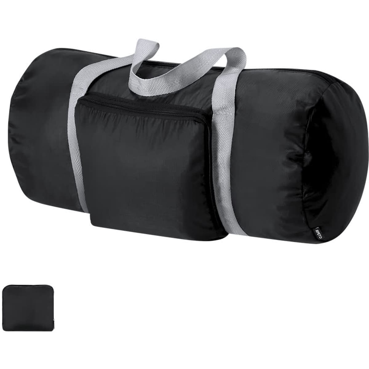 A black foldable bag with grey straps and a front pocket, displayed in an upright position.