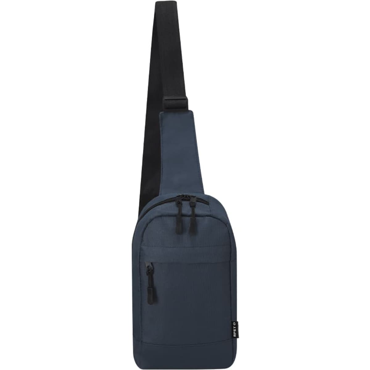 A dark blue sling bag with a single strap, featuring a front zip pocket and a brand logo.