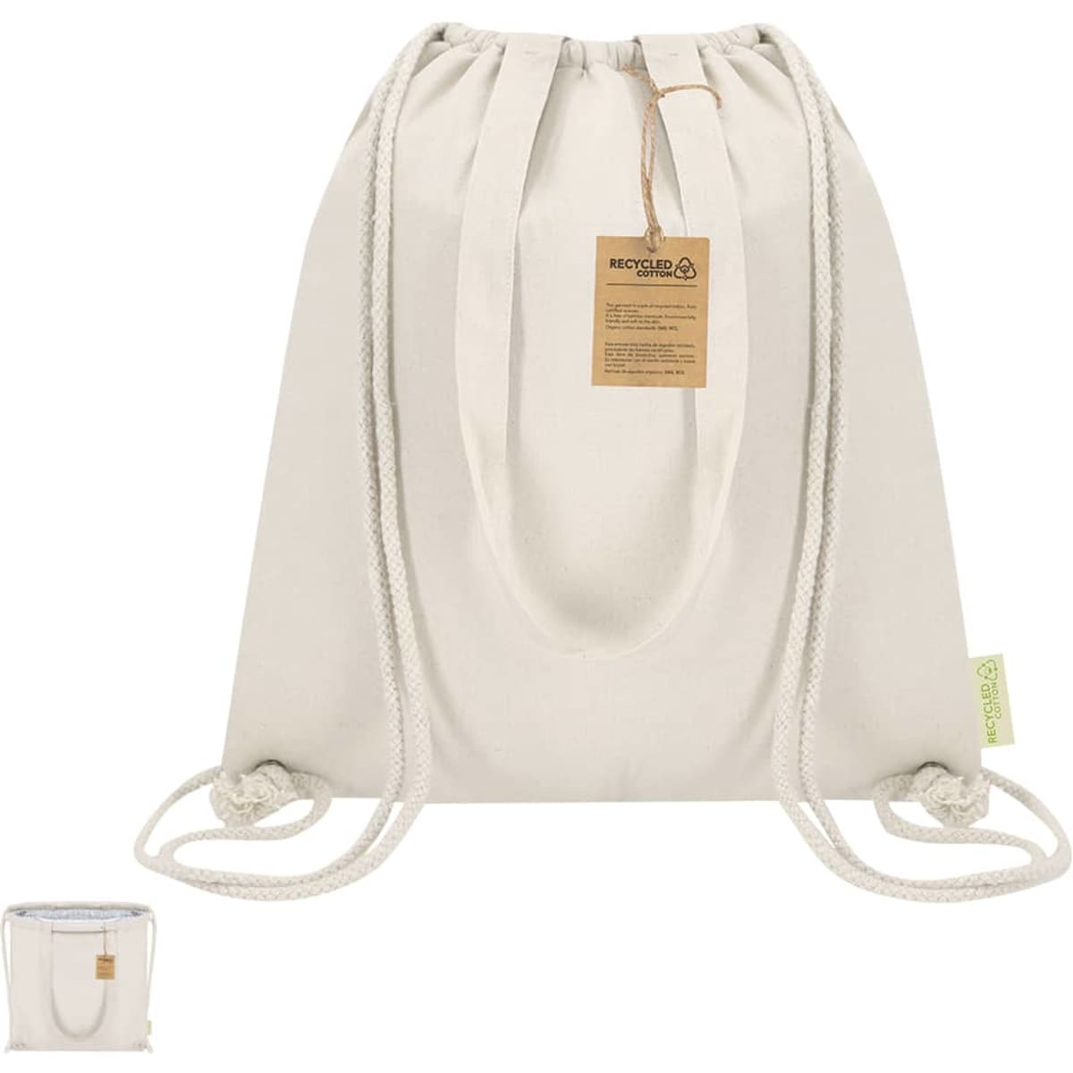 A drawn-string cooler bag in light grey with dual handles and a tag, featuring a logo on the side.