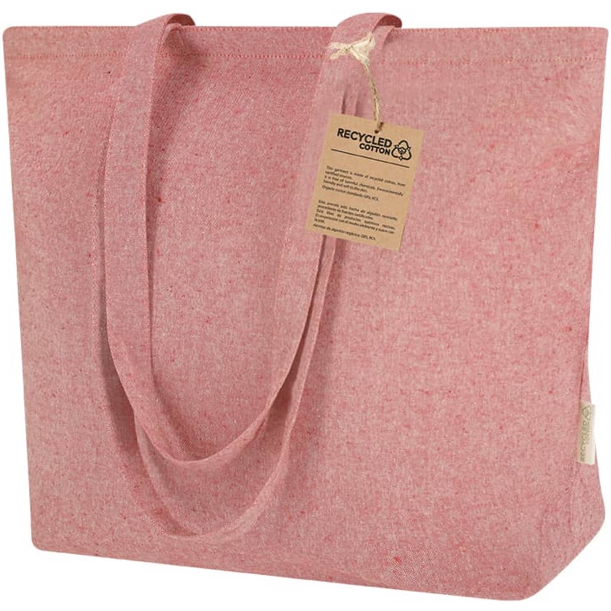 A pink tote bag with a textured surface and long handles, featuring a tag indicating recycled materials.
