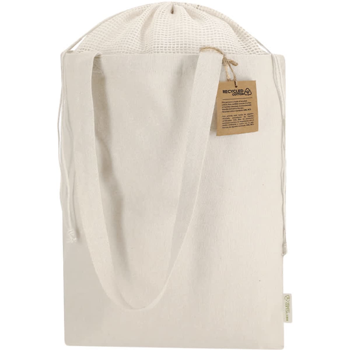 A cream tote bag with a mesh drawstring top and a tag, featuring a simple design and sturdy handles.