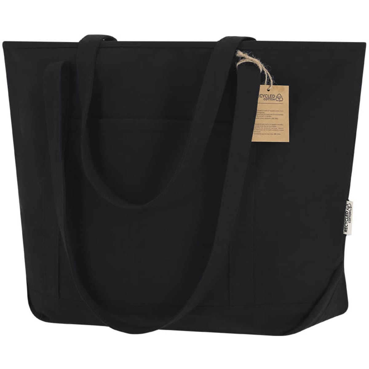 A black tote bag with sturdy handles and a small tag. It features a spacious design for carrying items.