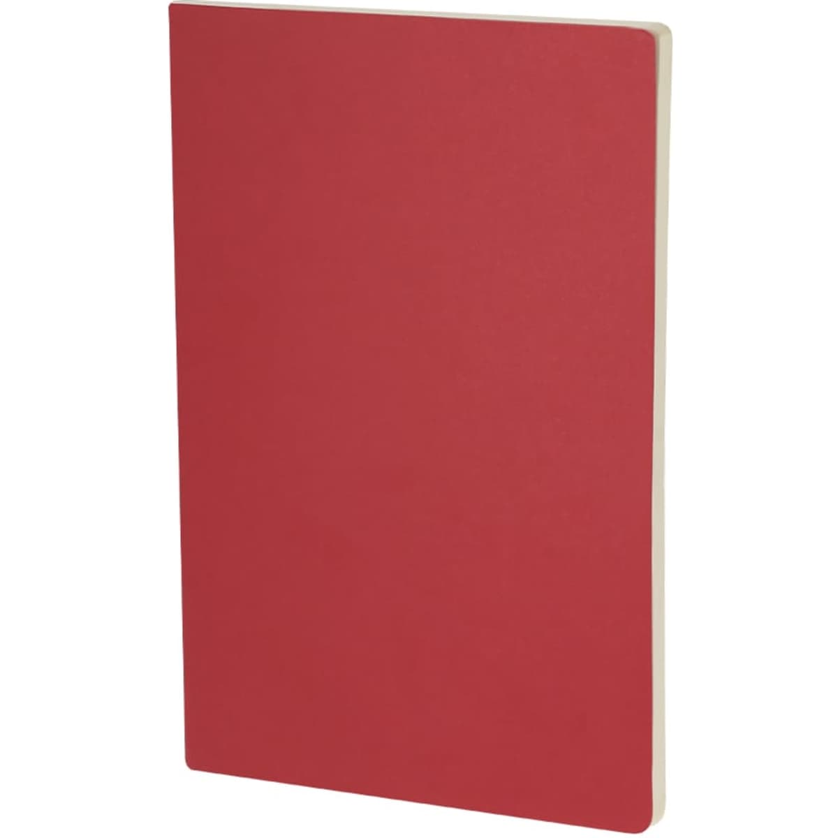 A red notebook with a plain cover and a subtle spine showing cream coloured pages, featuring a logo.