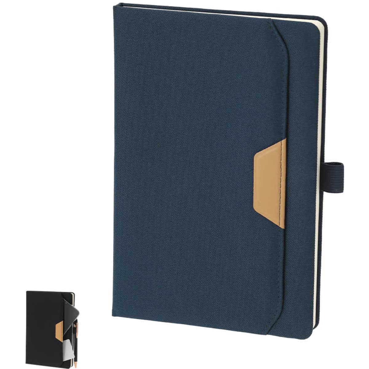 A navy blue notebook with a tan accent, featuring a cover and a closure. It has a logo on the front.