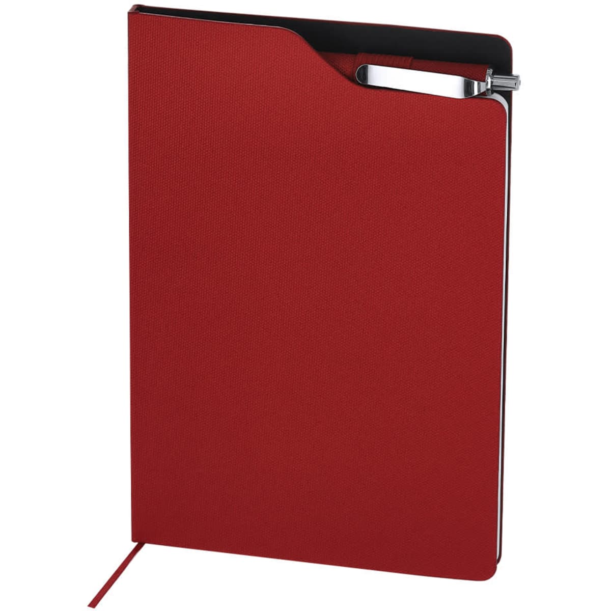 A red notebook with a textured cover, featuring a pen holder and a fabric bookmark. It includes a logo on the front.