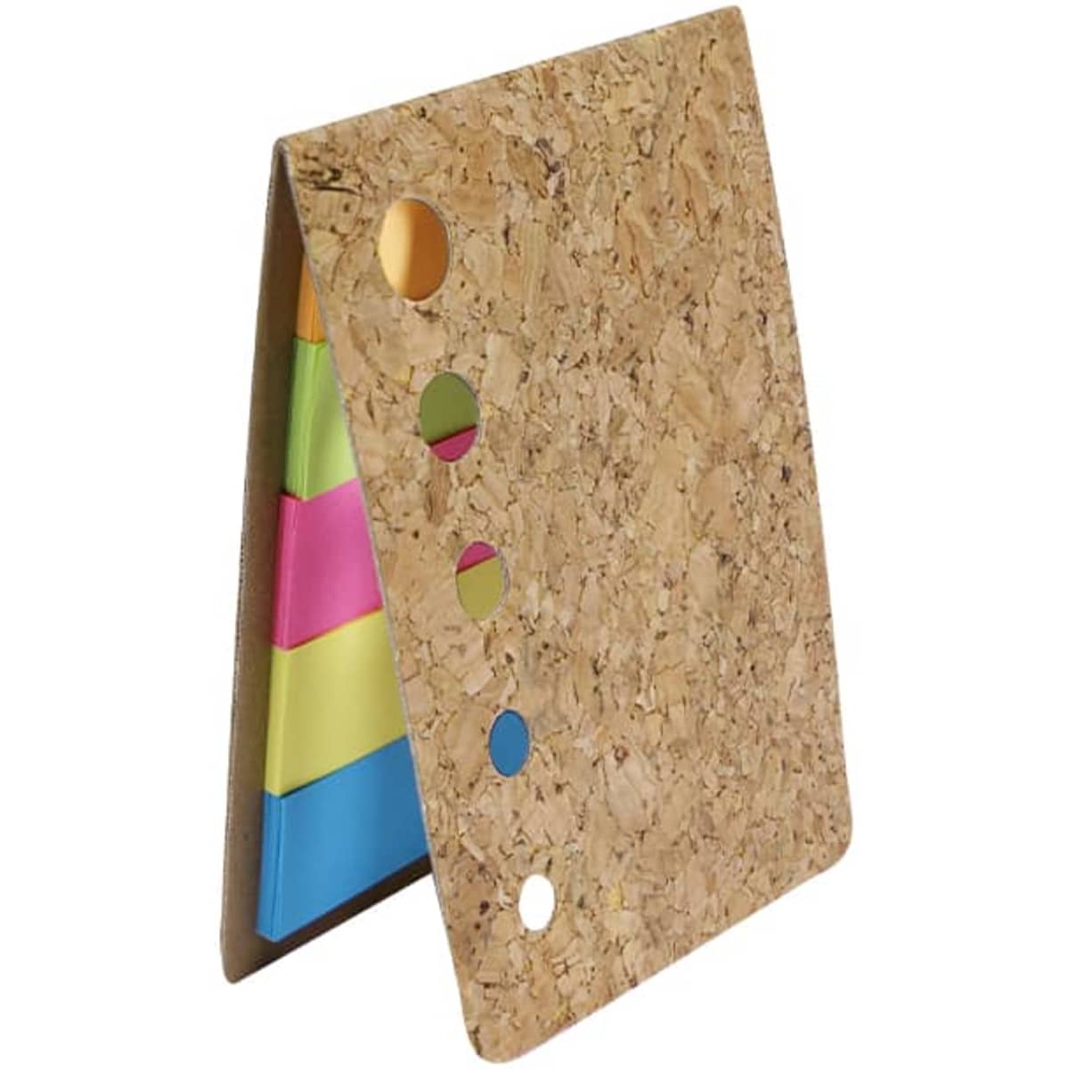 A cork notebook featuring colourful sticky notes in pink, green, and blue, with cut-out circles on the cover.