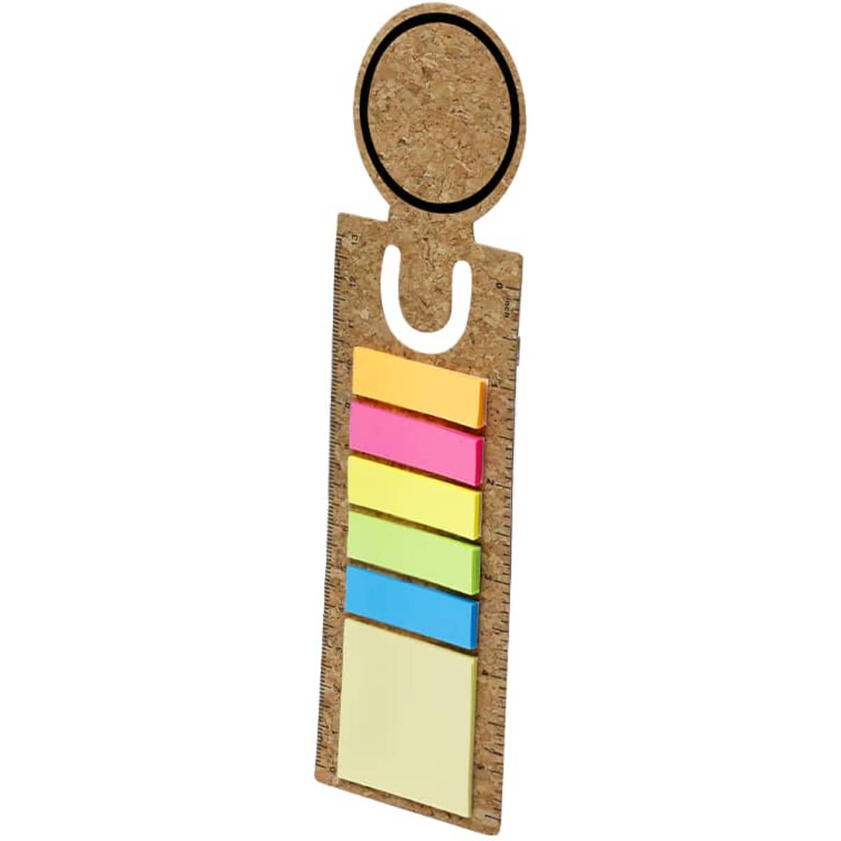 A cork ruler with an oval top and five assorted sticky note tabs in bright pink, yellow, blue, and green.
