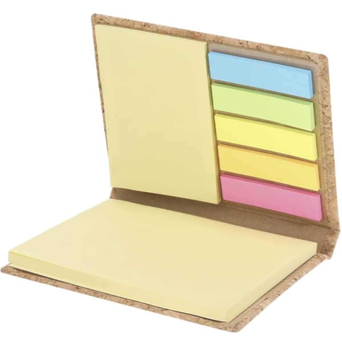 A cork notebook with yellow sticky notes and five colourful tabs in blue, green, yellow, pink, and orange.