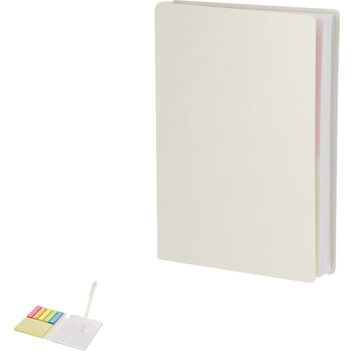 A white Tamar notebook with colourful sticky notes and a pen beside it. The notebook has a simple design and a logo.