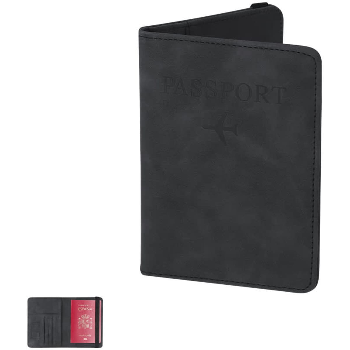 A black passport holder with a branding logo, featuring slots for a passport and cards inside.