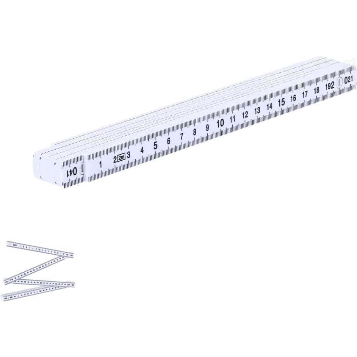 A white ruler featuring markings for measurements, accompanied by several folded sections for compact storage.